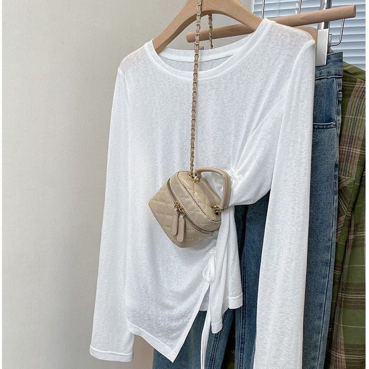 Split Irregular Thin Ice Silk Sunscreen Blouse Long-sleeved T-shirt Womens Summer Loose Western-style Base Shirt European-style Top White