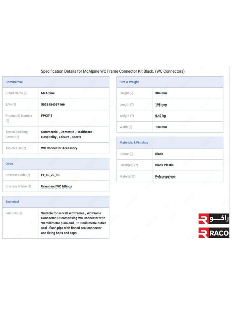 RACO McAlpine Universal WC Frame Connector Kit Concealed WC Connector Black 4 Inch Made in UK - Image 2