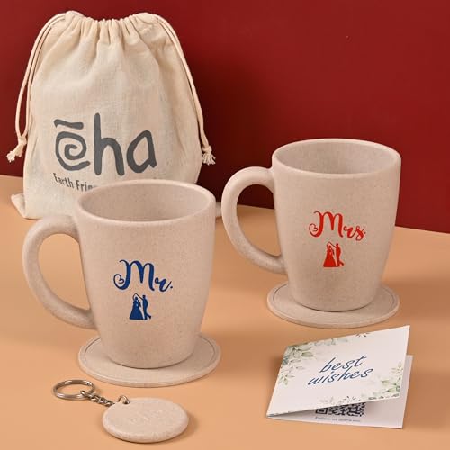 Eha Earth-Friendly Mr & Mrs Classic Coffee Mugs for Couple | Best Wedding Gift | Gifts for Couple | Gifts for Women | Set of 2 | 300 ml | Coffee Mug | Made with Rice Husk| Sand Castle - Image 1