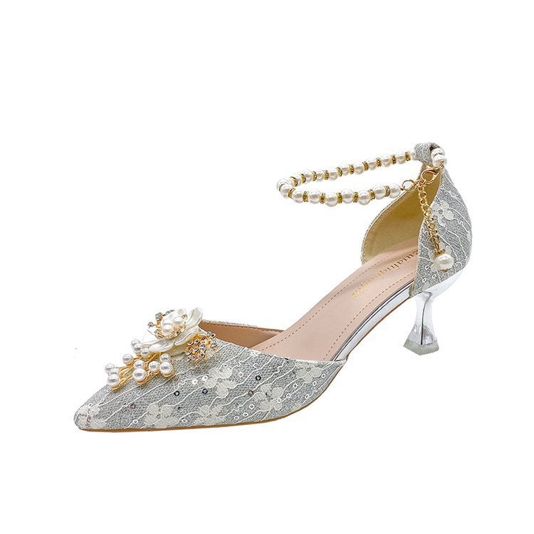 One Word High Heels With High Heels 2024 Arrival Bow Single Shoes Stiletto Heel Pearl Pointed Fashion Sandals - Image 1