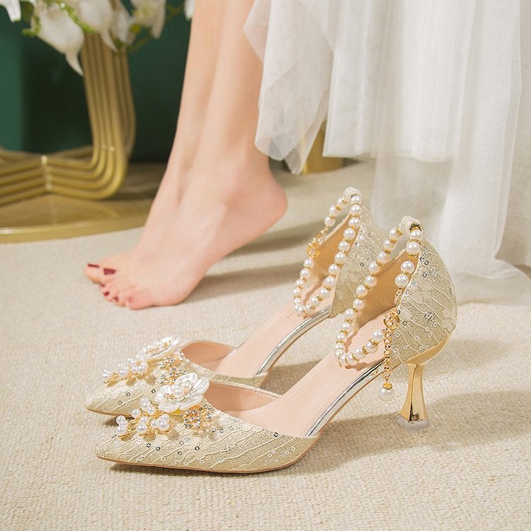 One Word High Heels With High Heels 2024 Arrival Bow Single Shoes Stiletto Heel Pearl Pointed Fashion Sandals - Image 3