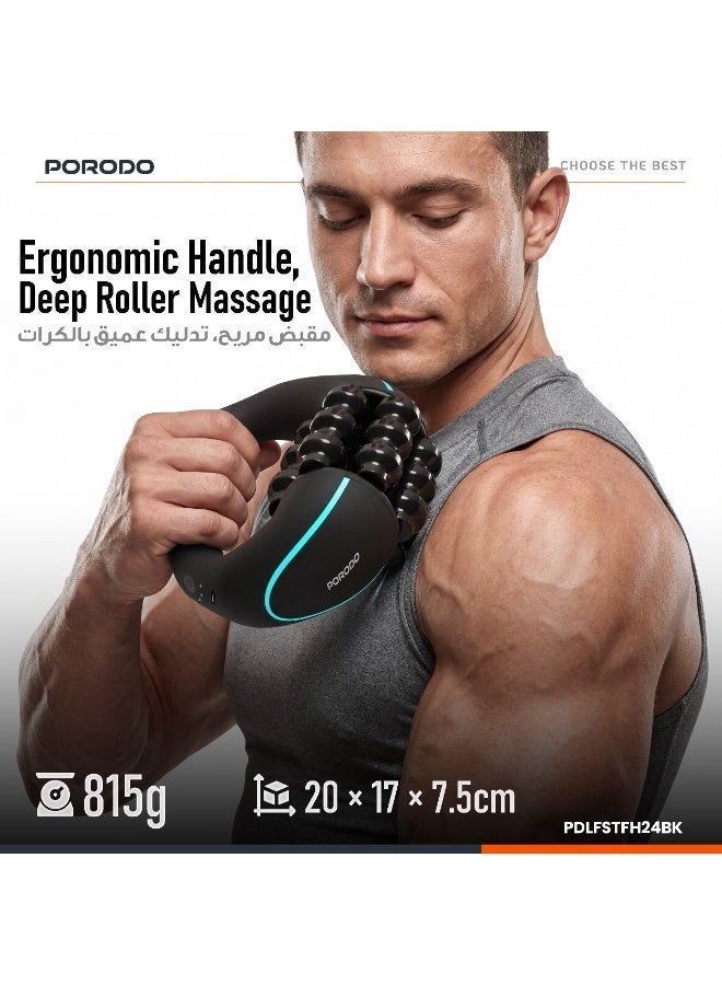 porodo Relieva Roller Massager / 6 Free-Spinning Rollers / 3 Speed Levels / 1800mAh Battery / USB-C Charging / Ergonomic Design / Auto-Off Function - Black - Image 5