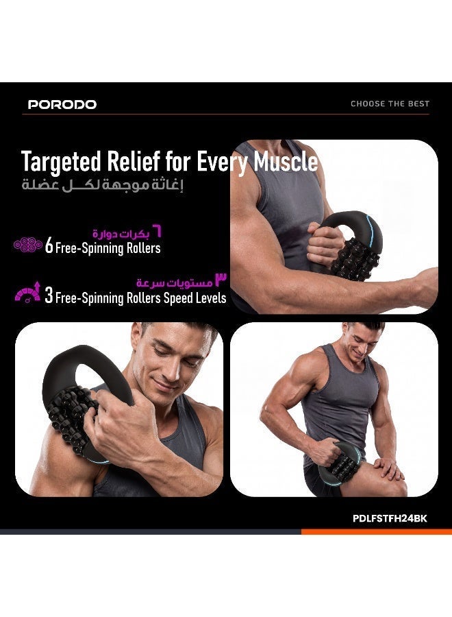 porodo Relieva Roller Massager / 6 Free-Spinning Rollers / 3 Speed Levels / 1800mAh Battery / USB-C Charging / Ergonomic Design / Auto-Off Function - Black - Image 4