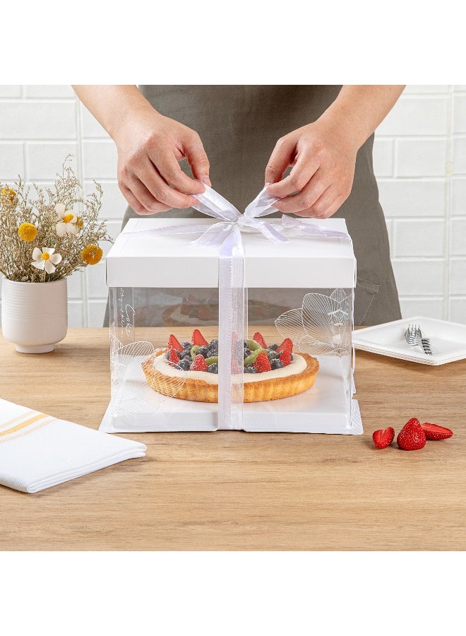 Restaurantware 8.5 Inch x 6.75 Inch Transparent Cake Boxes, 10 White Lid Clear Cake Boxes - No Grease Base, Gray Ribbon, Clear Plastic Birthday Cake Boxes, Lotus Accent, For Weddings Or Birthdays  - Image 5