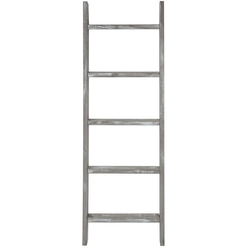 MyGift Large Whitewashed Wood Ladder Blanket Ladder, Farmhouse Style Wall Leaning Towel Rack with 5 Rungs (Graywashed) - Image 4