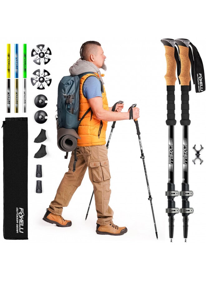Foxelli Foxelli Trekking Poles 2-pc Pack Collapsible Lightweight Hiking Poles, Strong Aircraft Aluminum Adjustable Walking Sticks with Natural Cork Grips and 4 Season All Terrain Accessories - Image 1
