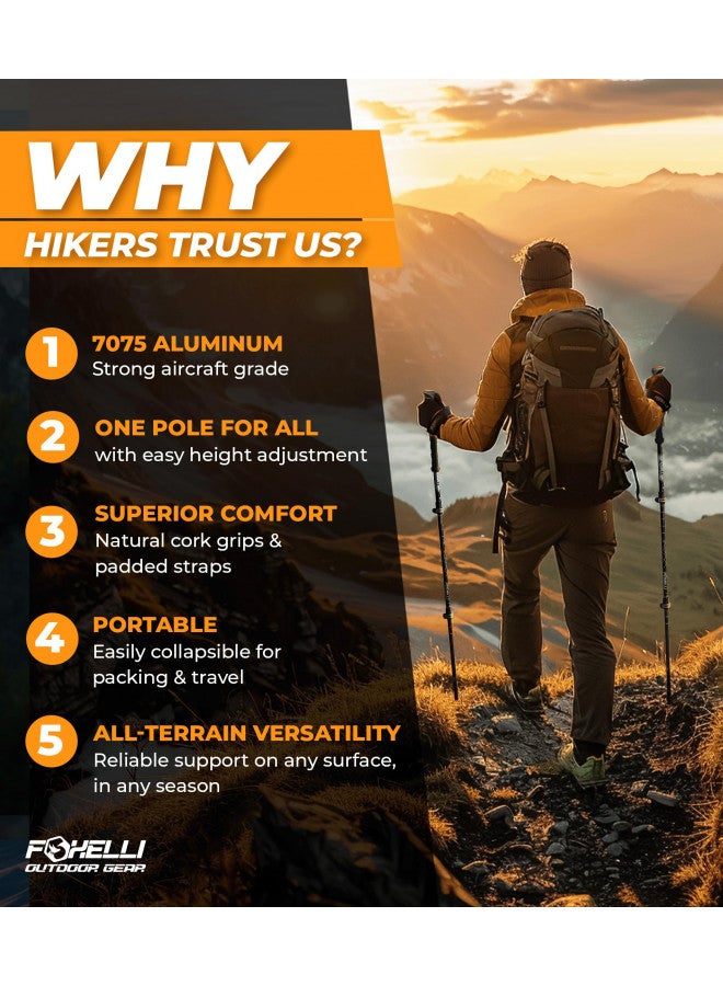 Foxelli Foxelli Trekking Poles 2-pc Pack Collapsible Lightweight Hiking Poles, Strong Aircraft Aluminum Adjustable Walking Sticks with Natural Cork Grips and 4 Season All Terrain Accessories - Image 2