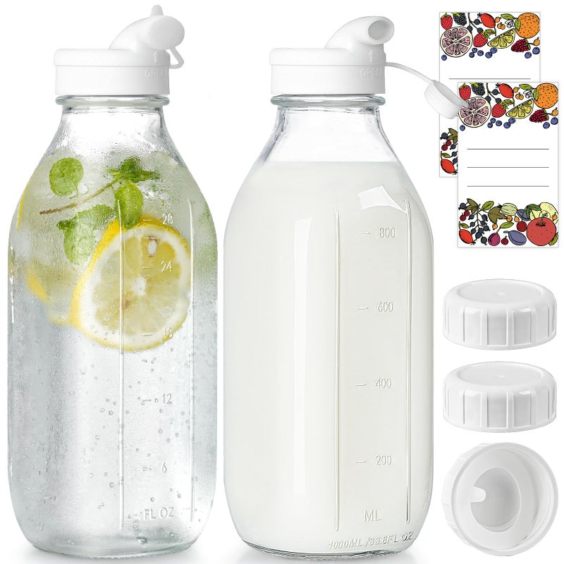 Syntic 2 Pack Glass Milk Bottle with 2 Dispenser Caps, 100% Airtight Heavy Duty Screw Lid. 32 Oz Reusable Glass Water Jug with 3 Lids! Breast Milk Pitcher, Buttermilk, Nut, Juice, Syrup, Coffee Creamer - Image 1