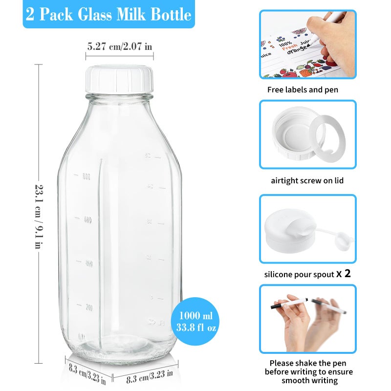 Syntic 2 Pack Glass Milk Bottle with 2 Dispenser Caps, 100% Airtight Heavy Duty Screw Lid. 32 Oz Reusable Glass Water Jug with 3 Lids! Breast Milk Pitcher, Buttermilk, Nut, Juice, Syrup, Coffee Creamer - Image 2