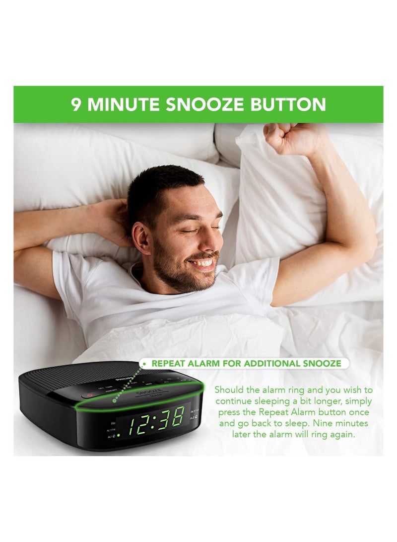 Philips Radio Alarm Clocks for Bedrooms, LED Display, Easy Snooze, Sleep Timer, Alarm Clock Radio w/Battery Backup Bedroom Clock (Batteries not Included) TAR3205 Black - Image 4