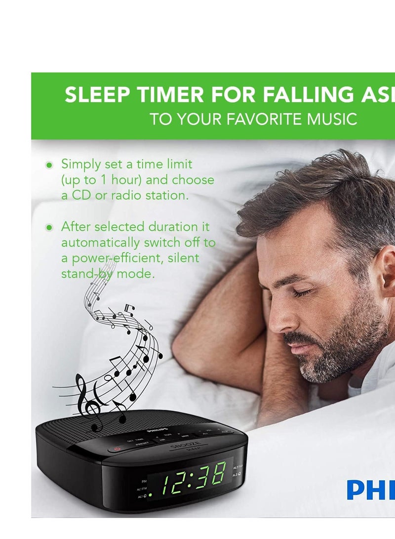 Philips Radio Alarm Clocks for Bedrooms, LED Display, Easy Snooze, Sleep Timer, Alarm Clock Radio w/Battery Backup Bedroom Clock (Batteries not Included) TAR3205 Black - Image 5