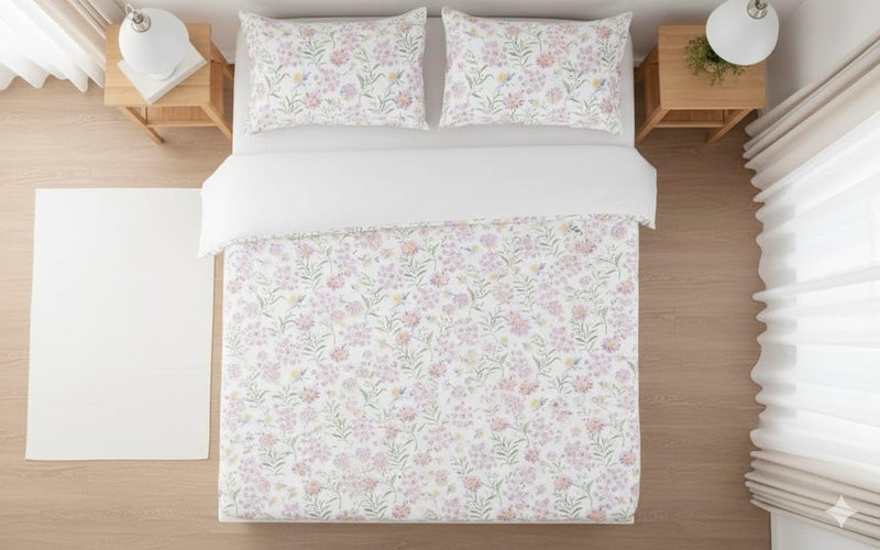 Temoli® Pure Cotton Floral Bedsheet for King Size Bed (108 x 108 Inches), Double Bed Cotton Summer Bedsheet with 2 Pillow Covers (Floral-White) - Image 2