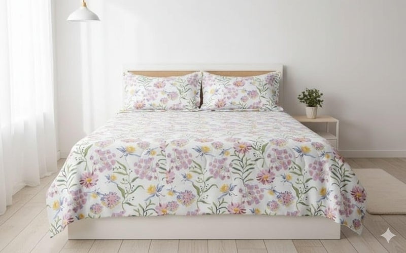 Temoli® Pure Cotton Floral Bedsheet for King Size Bed (108 x 108 Inches), Double Bed Cotton Summer Bedsheet with 2 Pillow Covers (Floral-White) - Image 1