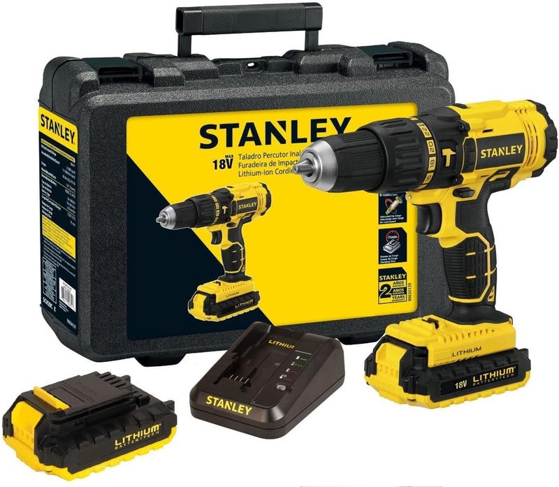 Stanley 18V Cordless Li-Ion Hammer Drill With Kit Box For Masonry, Wood And Concrete Drilling, Yellow/Black - Sch20S2K-B5 - Image 1