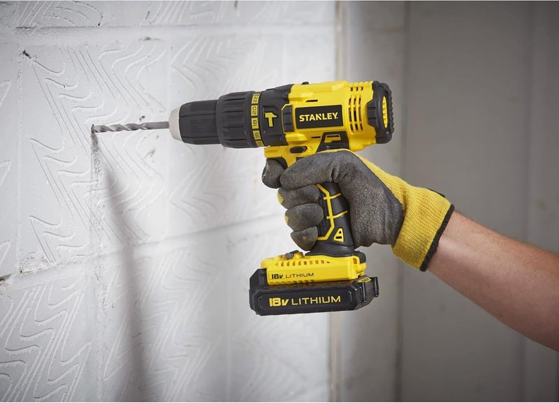 Stanley 18V Cordless Li-Ion Hammer Drill With Kit Box For Masonry, Wood And Concrete Drilling, Yellow/Black - Sch20S2K-B5 - Image 2