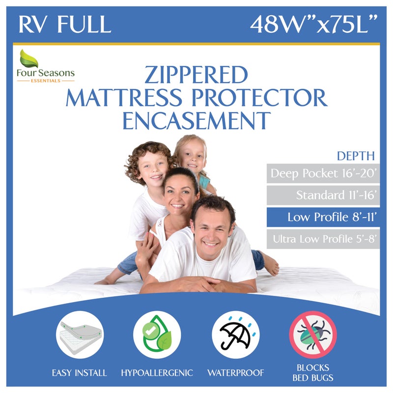 Four Seasons Essentials RV Short Full Mattress Protector Fits 811 Depth  Zippered Waterproof Bed Bug Three Quarter 34 Full Mattress Encasement 48Wx75 L  Hypoallergenic Premium Bed Cover Protects from Dust Allergens 