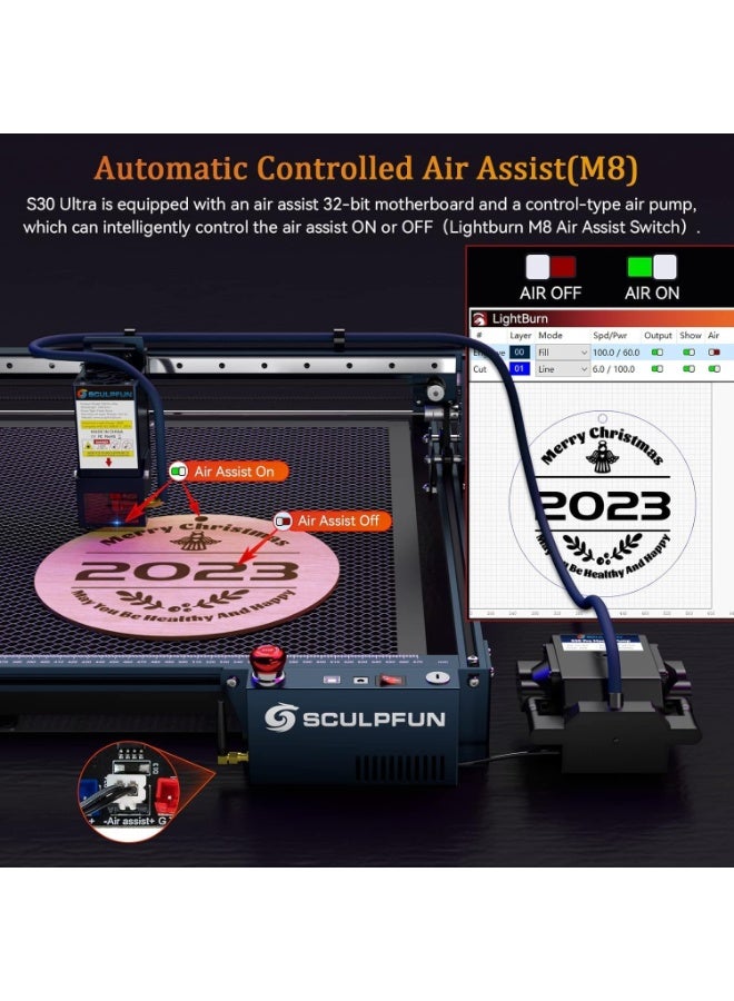 سكلبفون SCULPFUN S30 Ultra 33W حفار ليزر، مع نظام المساعدة الجوية الأوتوماتيكي عدسات قابلة للاستبدال، منطقة حفر 600x600mm، آلة قطع النقش بالليزر لأخشاب الأكريليك - Image 4