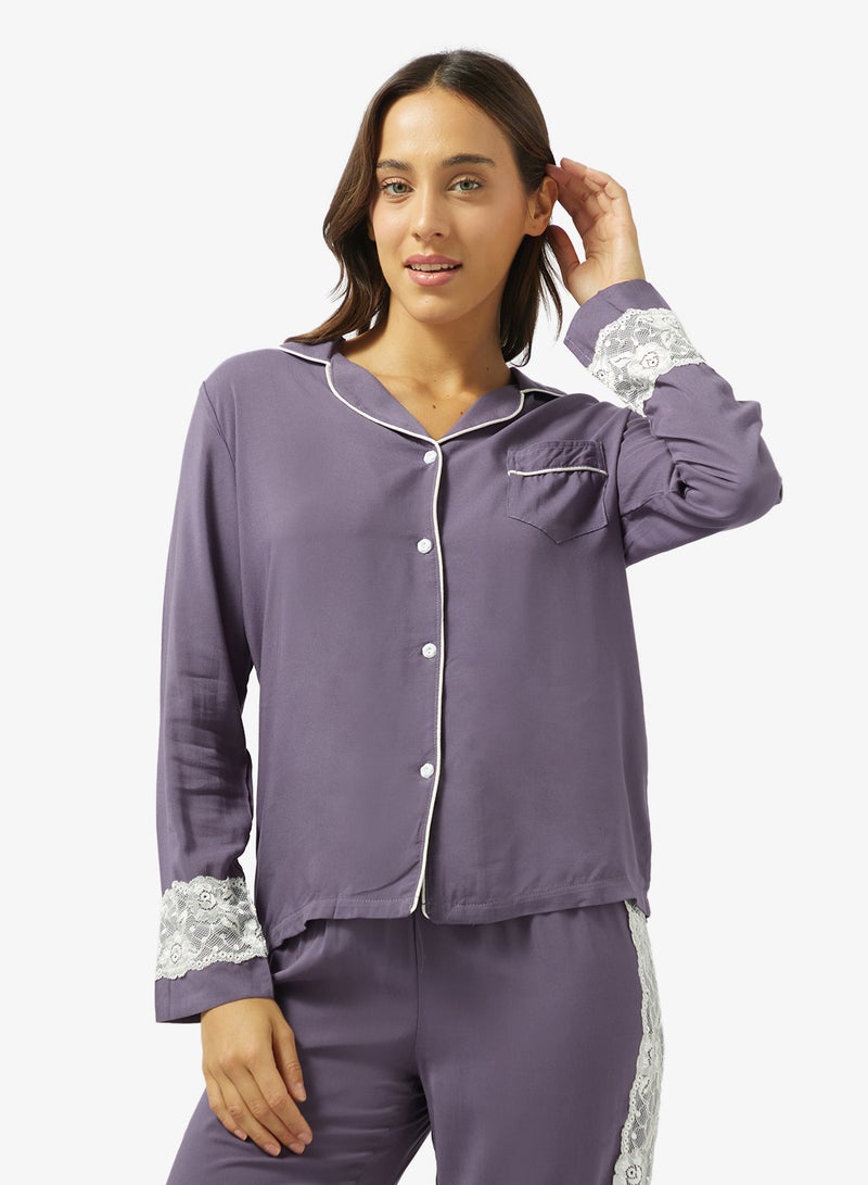 Ginger Lace Trim Button Down Shirt & Pyjama Set - Image 3