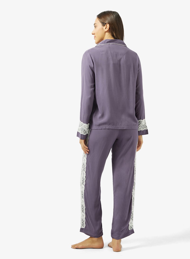 Ginger Lace Trim Button Down Shirt & Pyjama Set - Image 2
