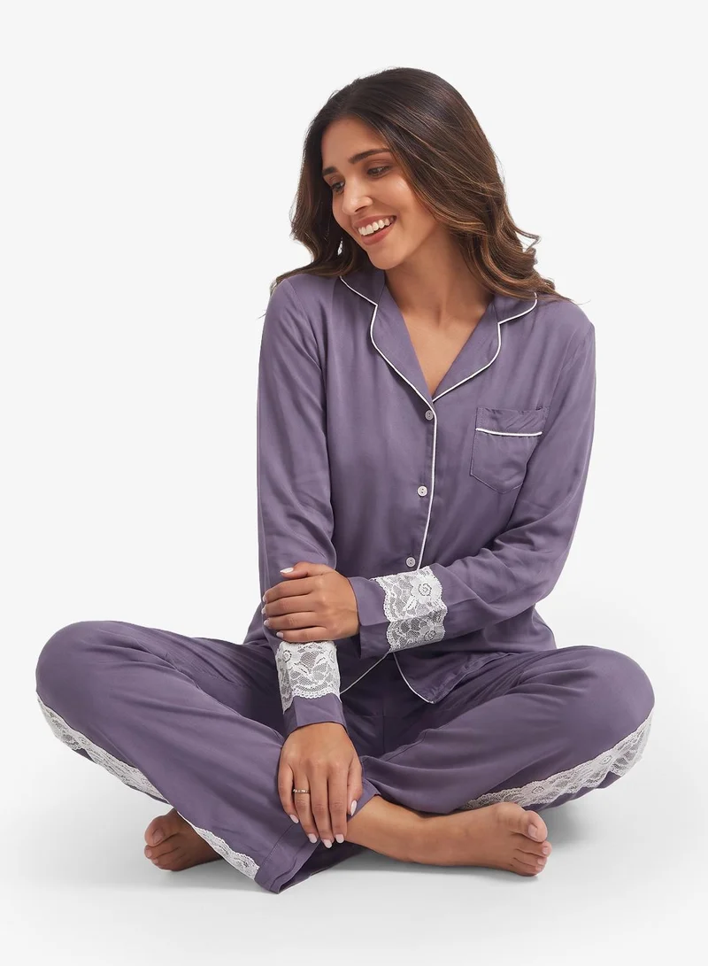 Ginger Lace Trim Button Down Shirt & Pyjama Set