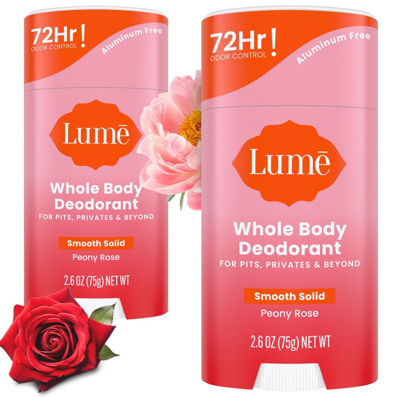Lume Whole Body Deodorant  Smooth Solid Stick  72 Hour Odor Control  Aluminum Free Baking Soda Free and Skin Safe  26 Ounce Pack of 2 Peony Rose