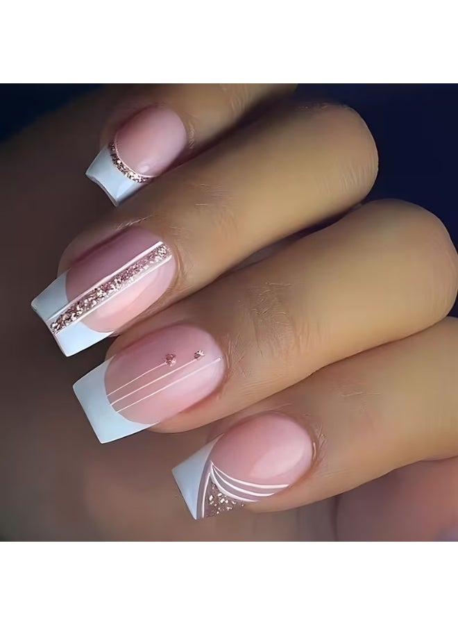 Goolsky French Manicure Press-On Nails - Glossy Pink False Nails with Heart Designs, Easy Application Salon-Quality Nail Extensions - Image 1