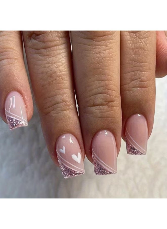 Goolsky French Manicure Press-On Nails - Glossy Pink False Nails with Heart Designs, Easy Application Salon-Quality Nail Extensions - Image 2