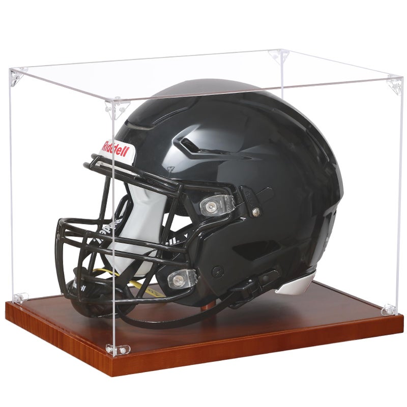 JupDec Football Helmet Display Case Full Size Acrylic Baseball Motorcycle Helmet Showcase UV Protection Souvenirs and Collectibles Box with Solid Wood Base Riser Ideal Gift for Sports Enthusiast