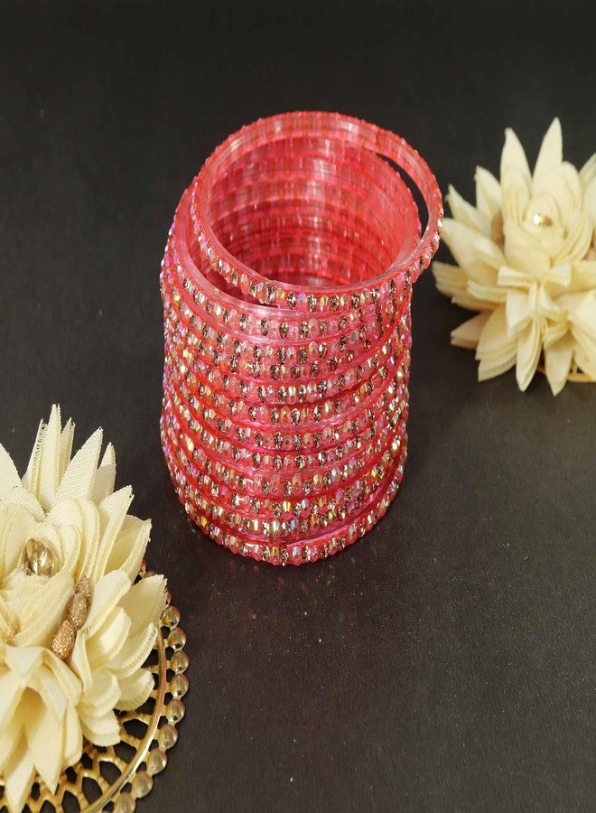 LAVAZZA Fancy Glass Golden Zircon Diamond Stones Bangles Set For Women & Girls | Churi Set | Chuda Set For Bridal | Glass Bangles with stone-(Lovely-Gajri-2.6) - Image 3