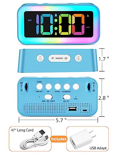 Cadmos Loud Alarm Clock for Bedrooms with Dynamic RGB Night Light,Heavy Sleepers Adults,Dual Alarm,Dimmer,USB Charger,Small Bedside Digital Clock with Led Display for Kids,Teens,Seniors (Blue) - Image 5