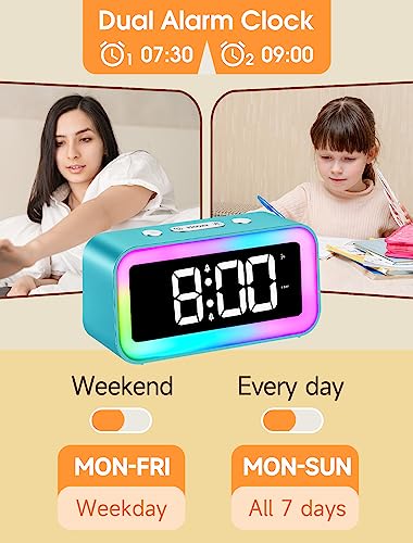 Cadmos Loud Alarm Clock for Bedrooms with Dynamic RGB Night Light,Heavy Sleepers Adults,Dual Alarm,Dimmer,USB Charger,Small Bedside Digital Clock with Led Display for Kids,Teens,Seniors (Blue) - Image 4