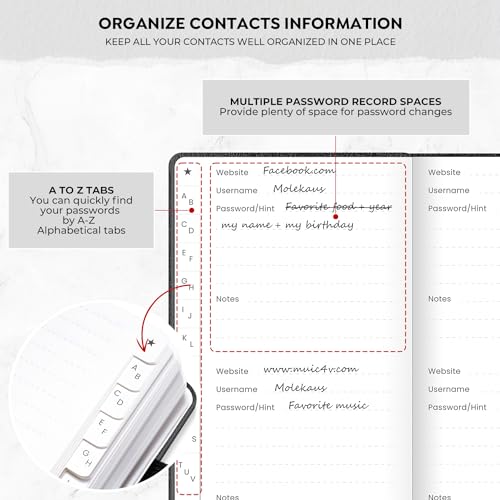 molekaus Password Book with Alphabetical Tabs Small Password Keeper with Extra Password Space to Change Password. Password Notebook for Home or Office for Internet Log In, 6.1 * 3.7in black small - Image 4