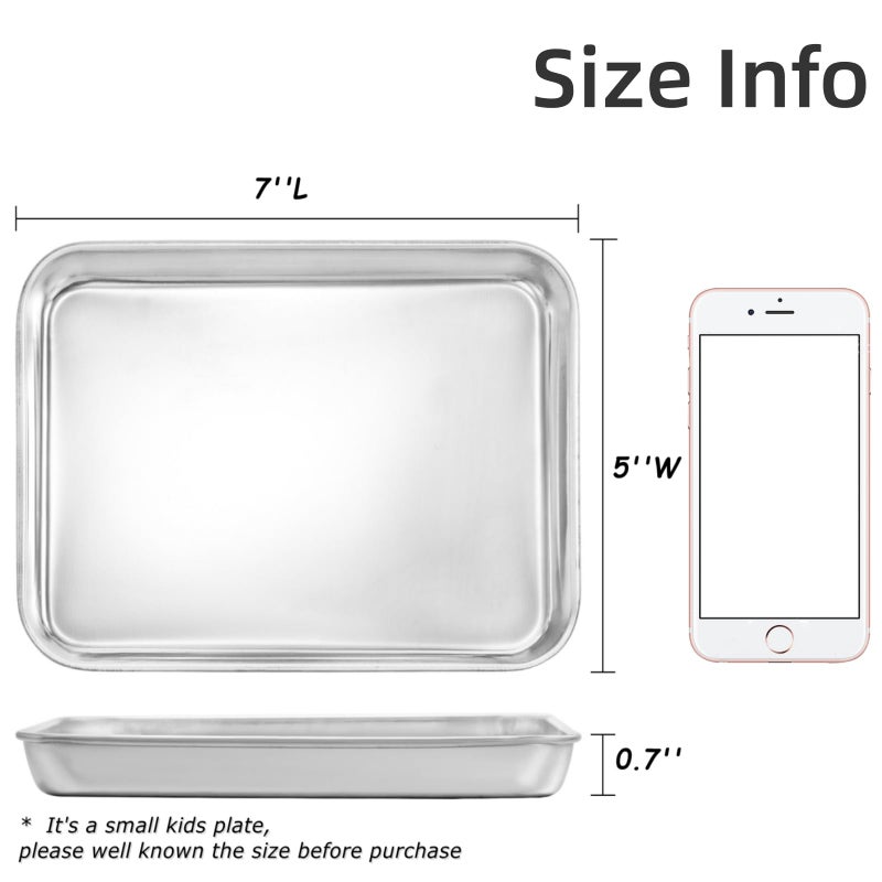 Lyellfe 6 Pack Small Stainless Steel Plate, 7''L x 5''W Mini Metal Food Tray Plates, Portable Size Baking Sheets for Oven, Food Safe Smooth Polished for Picky Eaters, Campers, Hand Project - Image 4