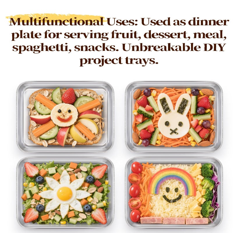 Lyellfe 6 Pack Small Stainless Steel Plate, 7''L x 5''W Mini Metal Food Tray Plates, Portable Size Baking Sheets for Oven, Food Safe Smooth Polished for Picky Eaters, Campers, Hand Project - Image 2