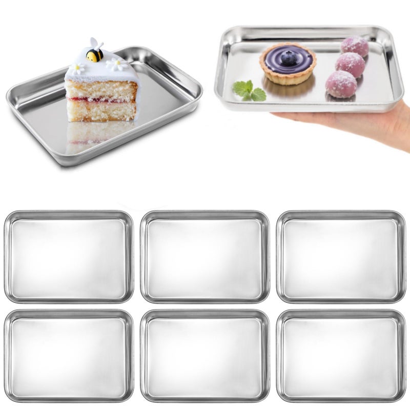 Lyellfe 6 Pack Small Stainless Steel Plate, 7''L x 5''W Mini Metal Food Tray Plates, Portable Size Baking Sheets for Oven, Food Safe Smooth Polished for Picky Eaters, Campers, Hand Project - Image 1