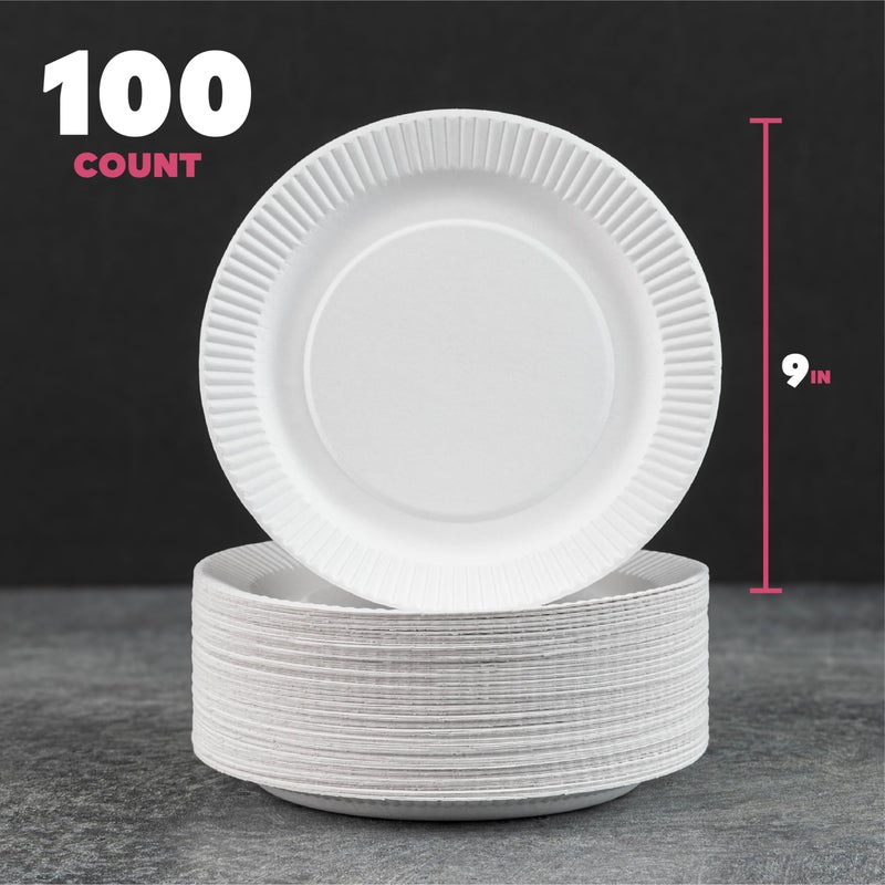 XpressPak Paper Plates - [100-Pack] - (9-Inch Round) - Lightweight Uncoated 9 Inch Disposable Paper Plates - For Crafts  Events  Projects  Dry Foods & General Use - Image 1