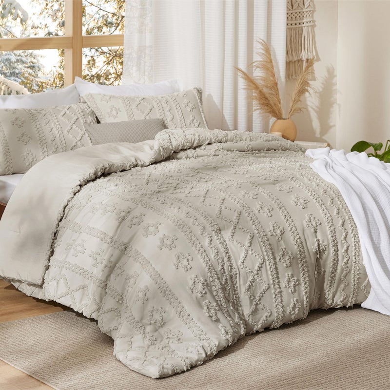 Bedsure Tufted Boho Comforter Set Queen Size - Linen Boho Bed Set, GentleSoftâ„¢ 3 Pieces Farmhouse Shabby Chic Embroidery Bedding, Gifts for Woman, Soft Jacquard Queen Comforter for All Seasons - Image 2
