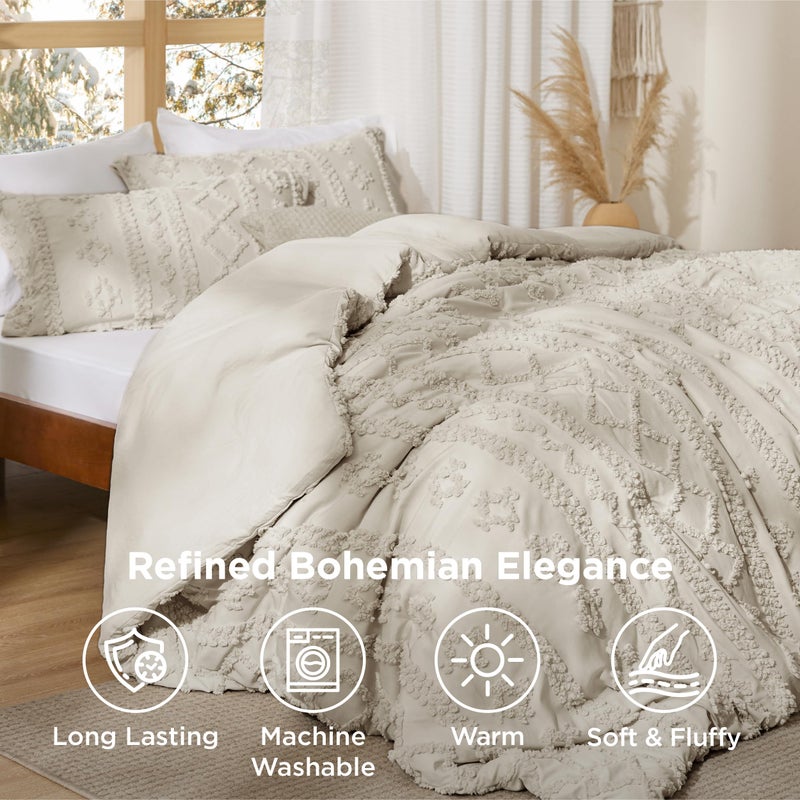 Bedsure Tufted Boho Comforter Set Queen Size - Linen Boho Bed Set, GentleSoftâ„¢ 3 Pieces Farmhouse Shabby Chic Embroidery Bedding, Gifts for Woman, Soft Jacquard Queen Comforter for All Seasons - Image 4