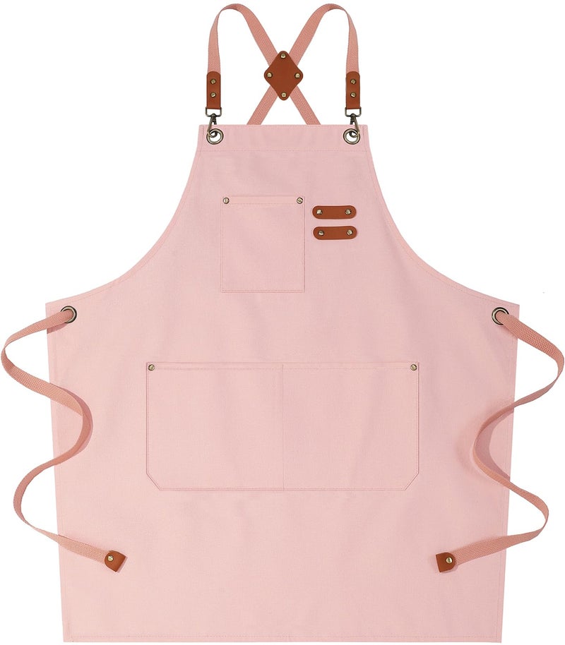 AFUN Chef Aprons for Women Men with Large Pockets Cotton Canvas Cross Back Water Repellent Work Apron Size M to XXL LightPink