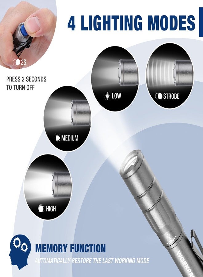 WORKPRO Rechargeable Pen Light, Mini Flashlight, 2 Pack Ultra-Compact EDC Flashlight, Pocket Flashlight with Clip, Memory Function and 2 x USB C Cable Included, Gray - Image 4