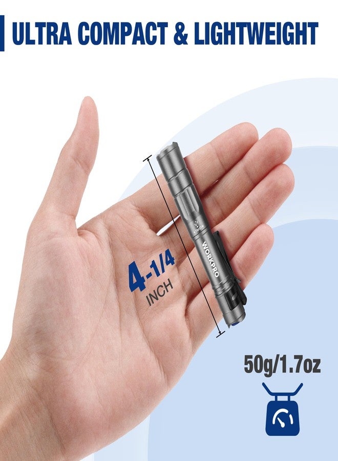 WORKPRO Rechargeable Pen Light, Mini Flashlight, 2 Pack Ultra-Compact EDC Flashlight, Pocket Flashlight with Clip, Memory Function and 2 x USB C Cable Included, Gray - Image 2