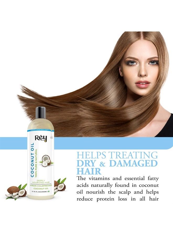 Rey Naturals Cold Pressed Coconut oil for hair and skin - 100% Pure & Natural Hair Oil 200 ml 