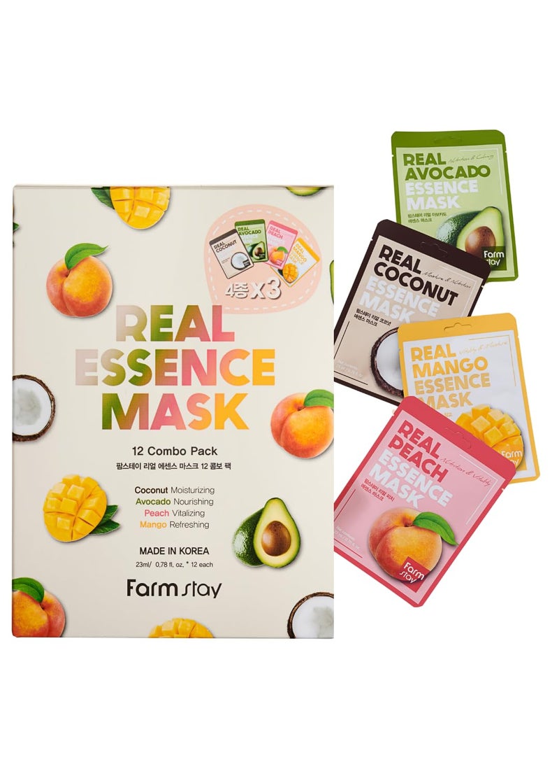 FARMSTAY - FARMSTAY Real Essence Facial Sheet 12Pack Korean Skincare Mask ComboHypoallergenicMoisturizingNourishingVitalizing Refreshing078 floz12 ea CoconutAvocadoPeachMango - Image 1