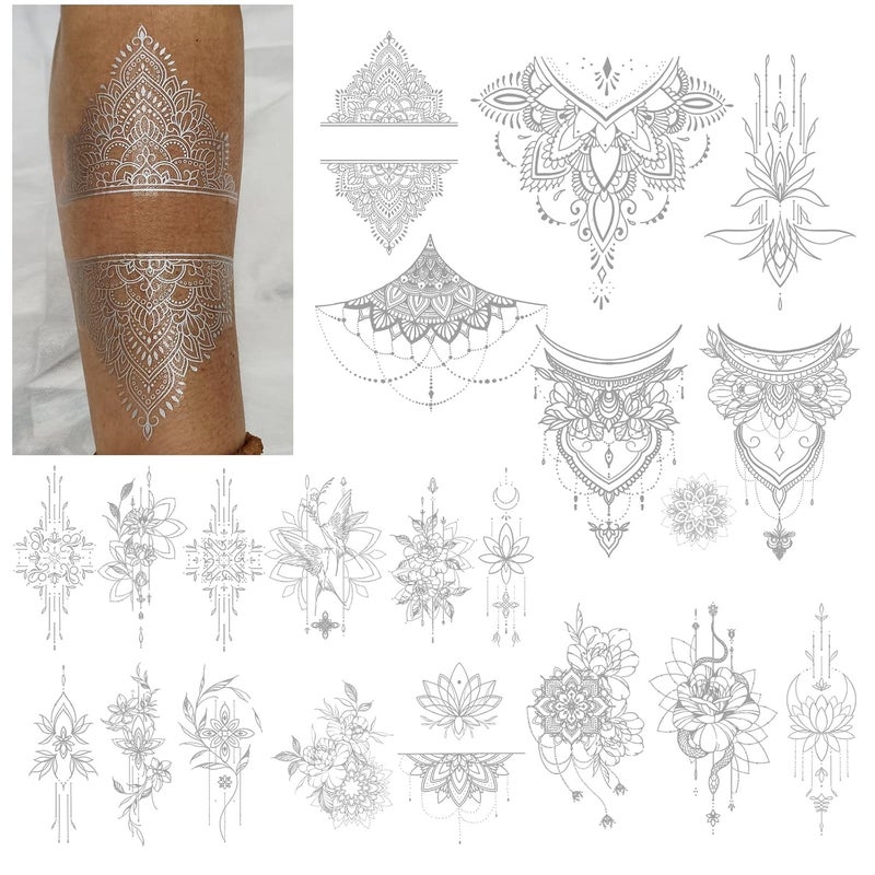 Roarhowl Metallic sparkle temporary tattoos, gold, silver, suitable for all skin tones (silvery 4)