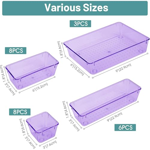 WOWBOX 25 PCS Plastic Drawer Organizer Set, Desk Drawer Divider Organizers and Storage Bins for Makeup, Jewelry, Gadgets for Kitchen, Bedroom, Bathroom, Office, Clear Purple - Image 2