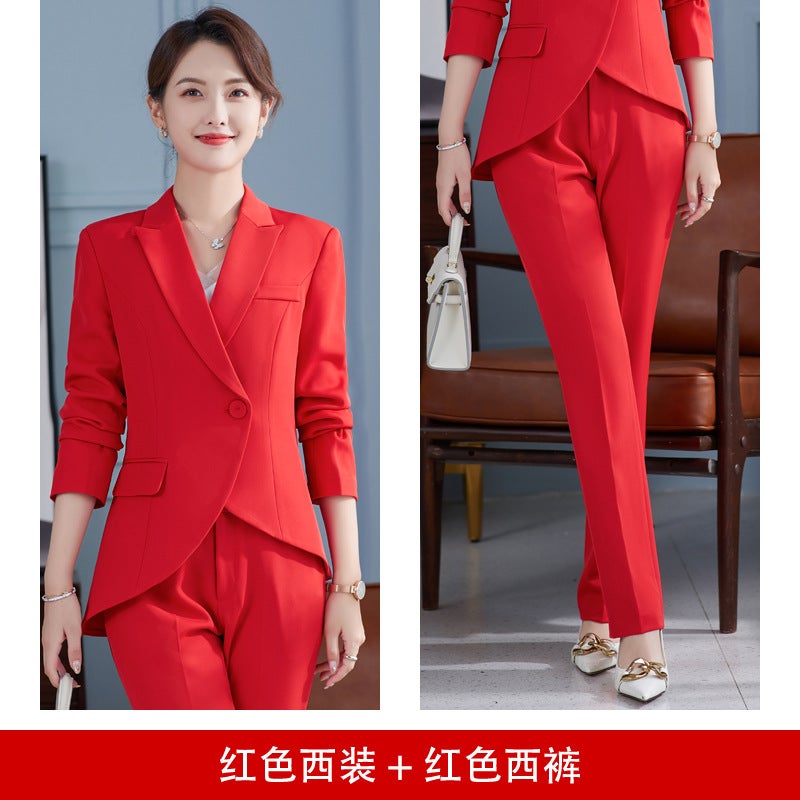 White Suit Womens Autumn Korean Fashion Presidents Small Suit Jacket Professional Wear Temperament Goddess Fan Work Clothes Red suit + trousers