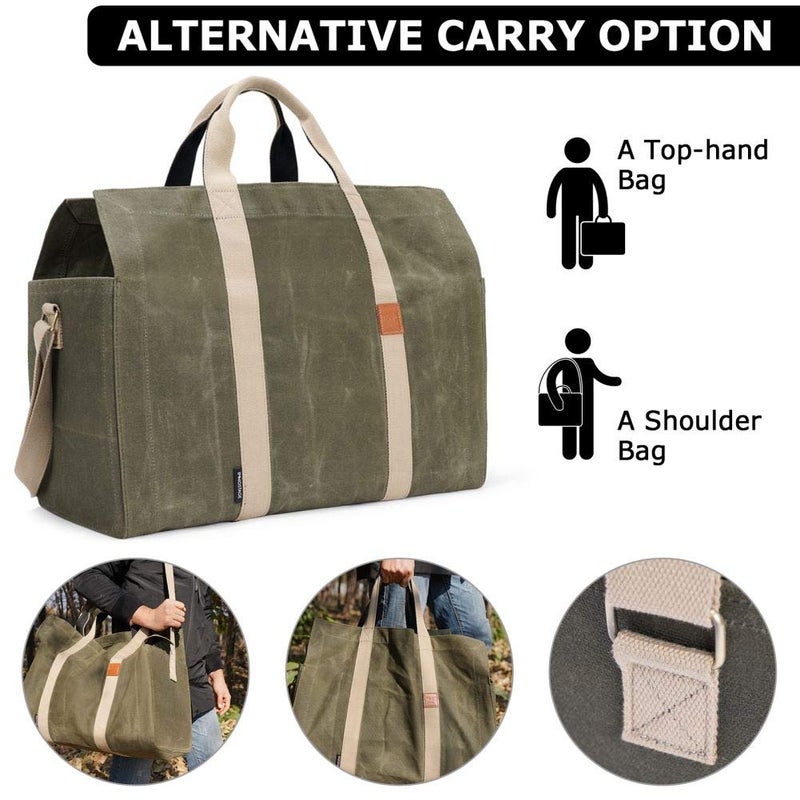 INNO STAGE Free Standing Firewood Log Carrier Tote Bag with Double Straps for Camping or BBQ Barbecue - Green - Image 3