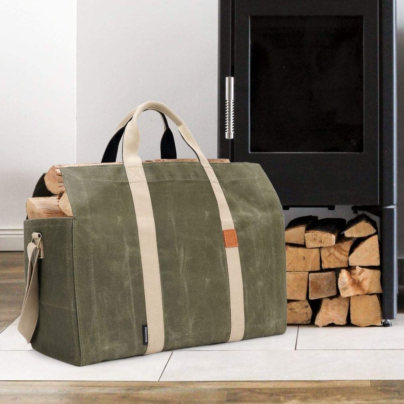 INNO STAGE Free Standing Firewood Log Carrier Tote Bag with Double Straps for Camping or BBQ Barbecue - Green - Image 5