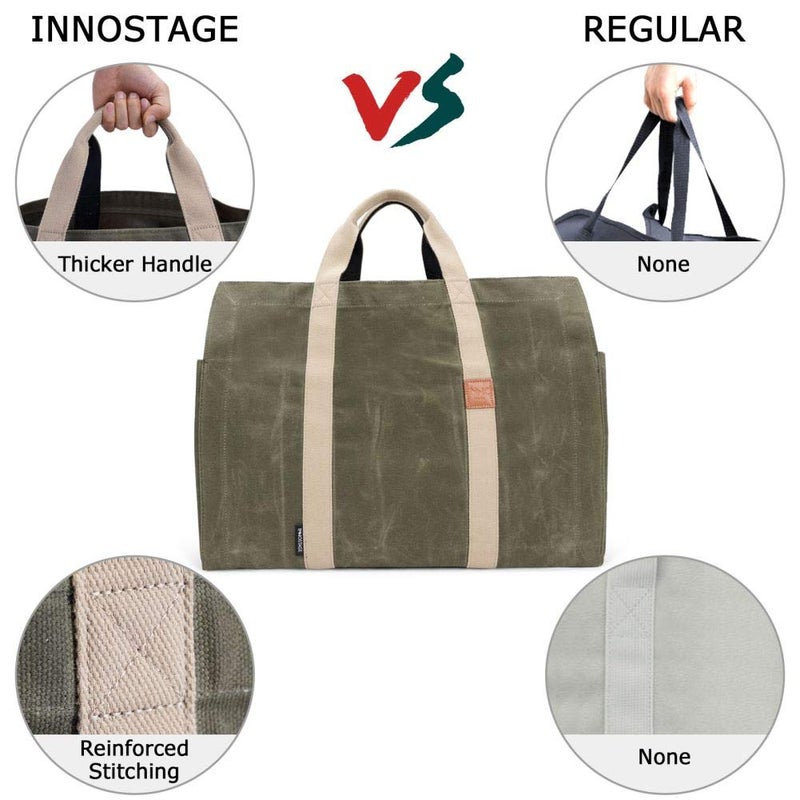 INNO STAGE Free Standing Firewood Log Carrier Tote Bag with Double Straps for Camping or BBQ Barbecue - Green - Image 4