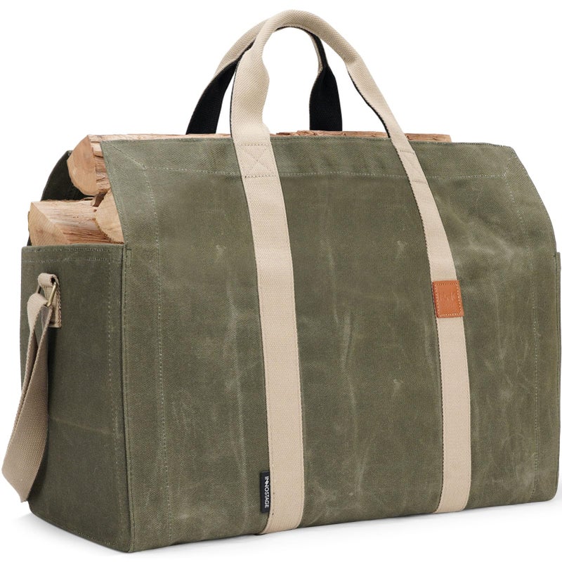 INNO STAGE Free Standing Firewood Log Carrier Tote Bag with Double Straps for Camping or BBQ Barbecue - Green - Image 1
